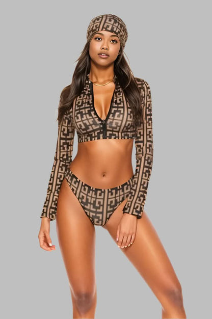 Printed Zip Up Three-Piece Swim Set Khaki