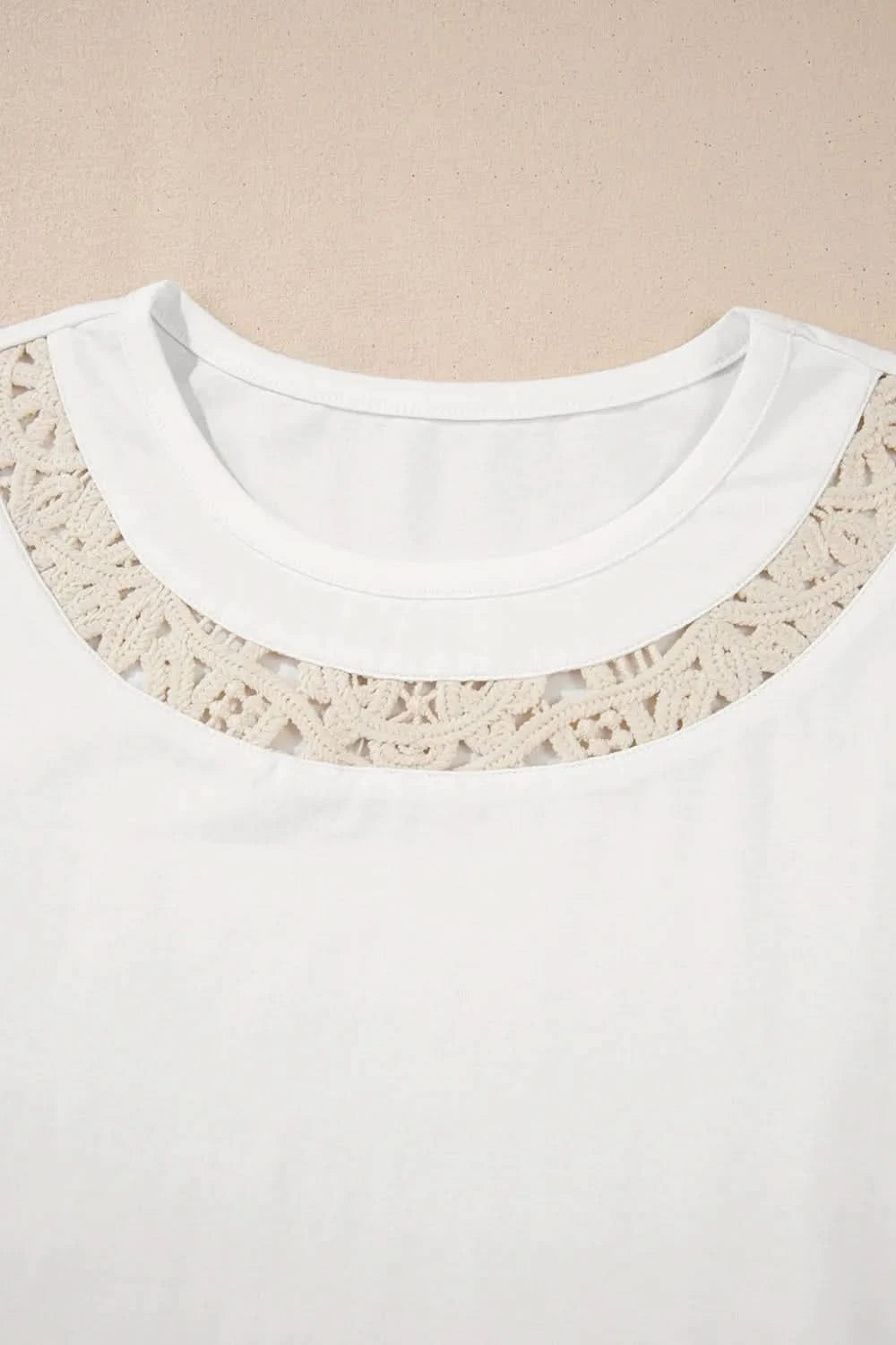 Lace Crochet Crew Neck Casual T Shirt White