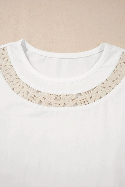 Lace Crochet Crew Neck Casual T Shirt White