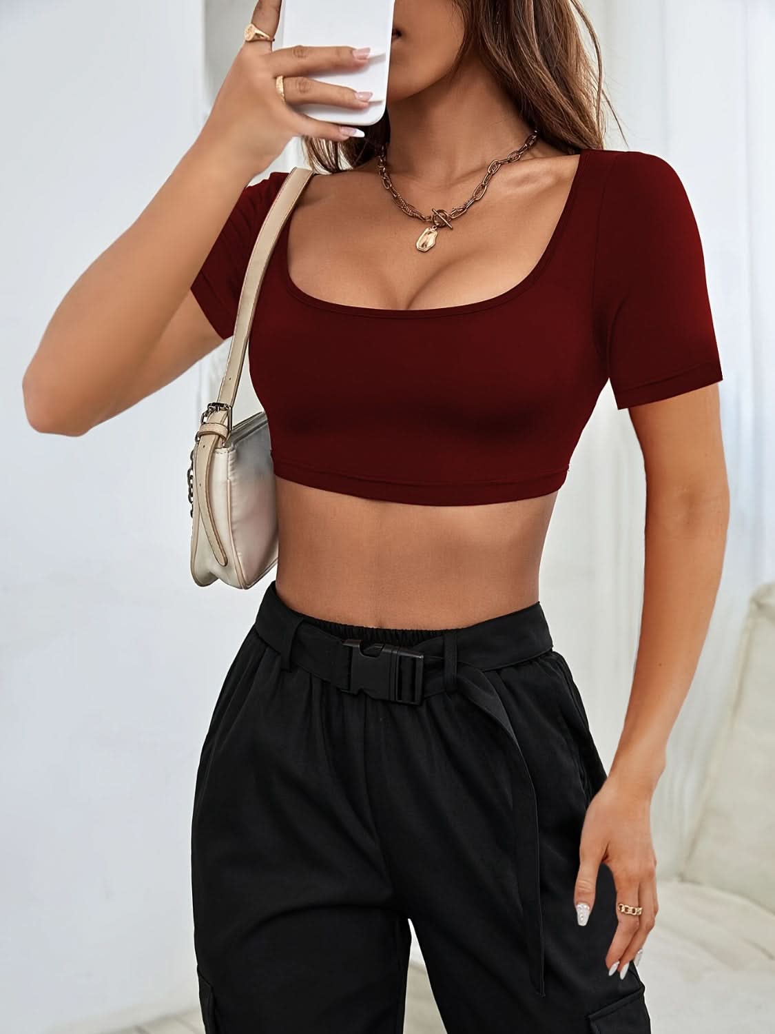 Square Neck Short Sleeve T-Shirt Burgundy