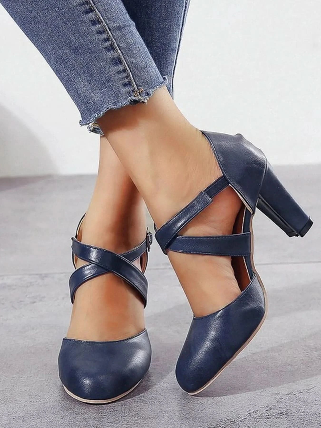 Cross-Strap Block Heel Pumps