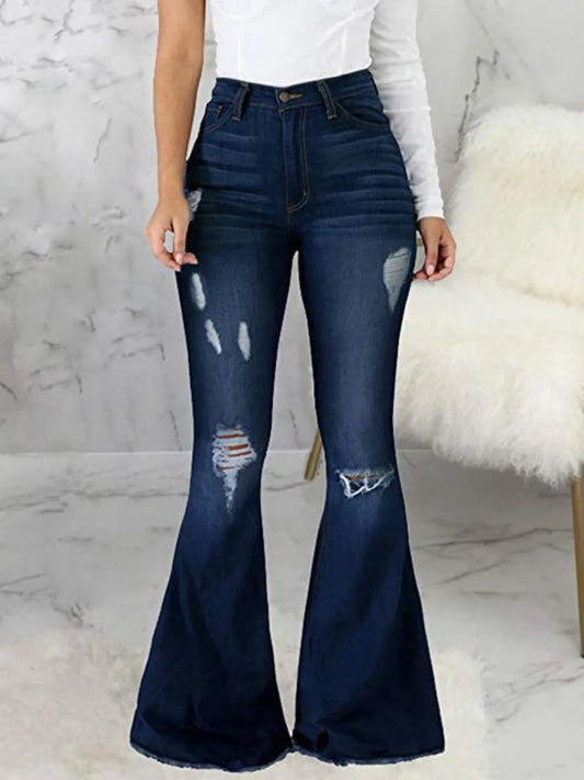 Full Size Distressed Raw Hem Flare Jeans Dark Blue
