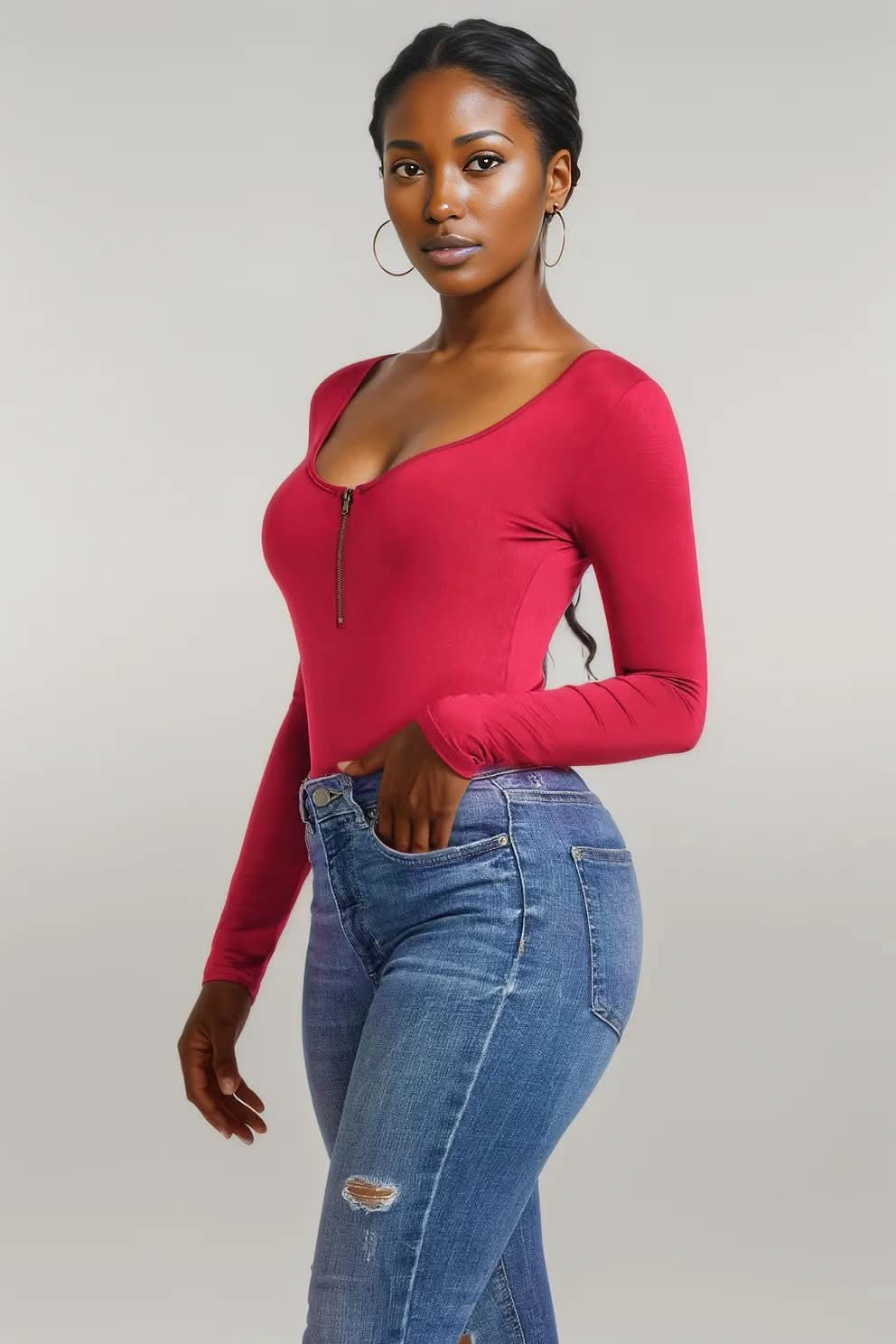 Half Zip Scoop Neck Long Sleeve Bodysuit