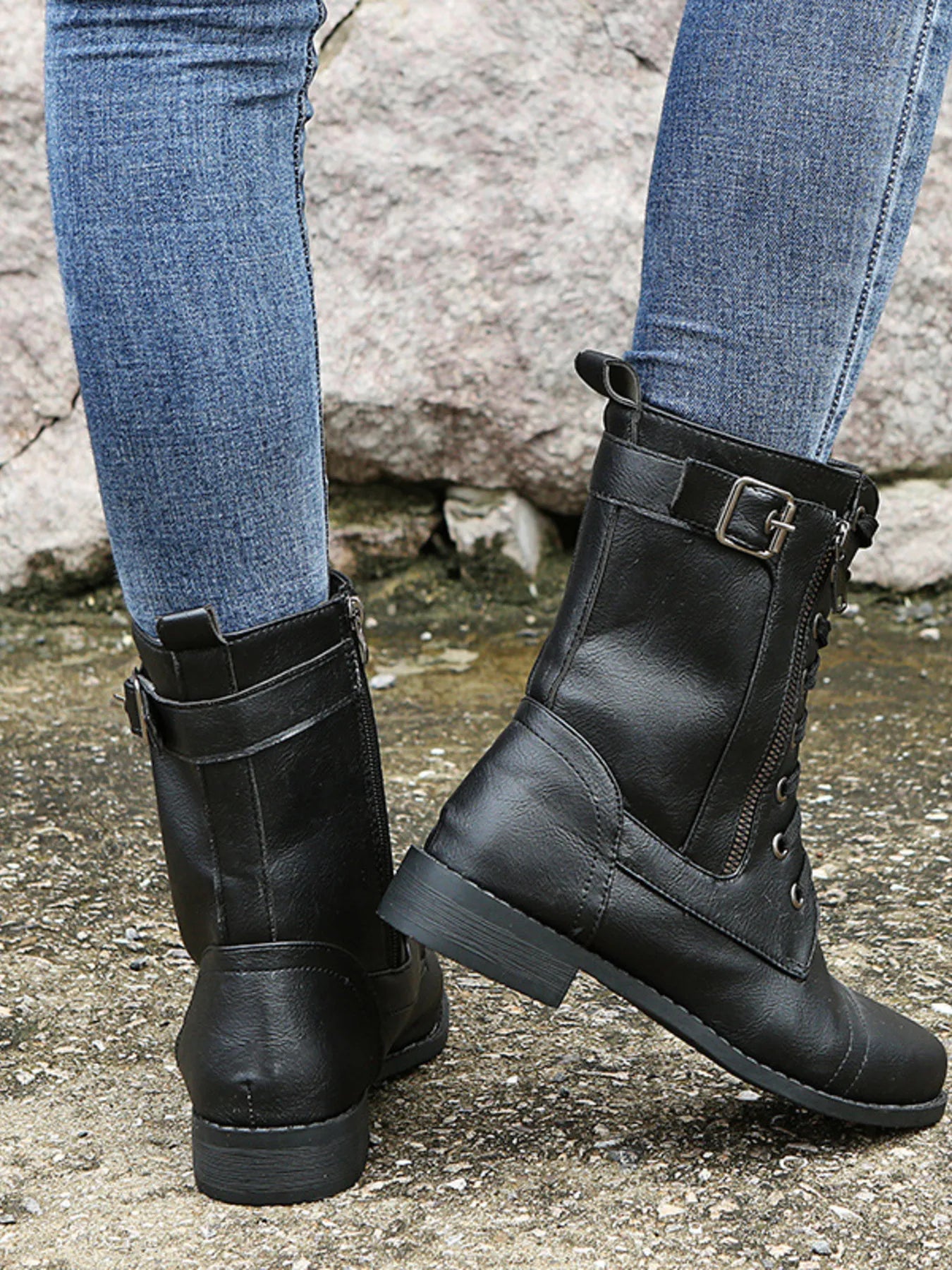 Lace-Up Boots with Side Zipper