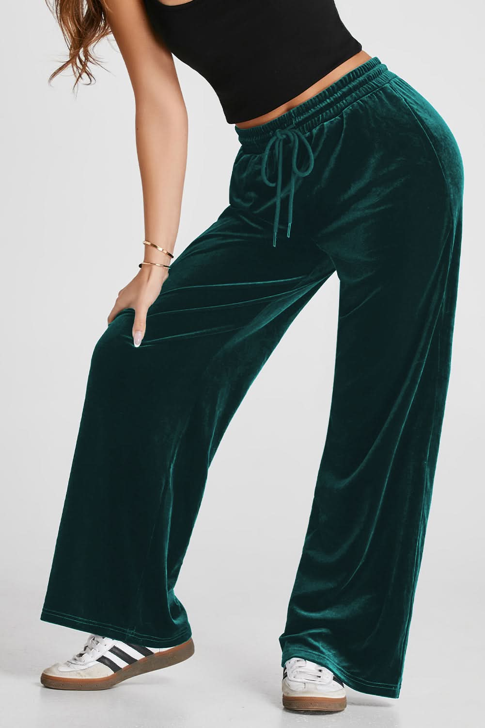 Black Solid Drawstring Waist Wide Leg Pants Evergreen 95%Polyester+5%Elastane