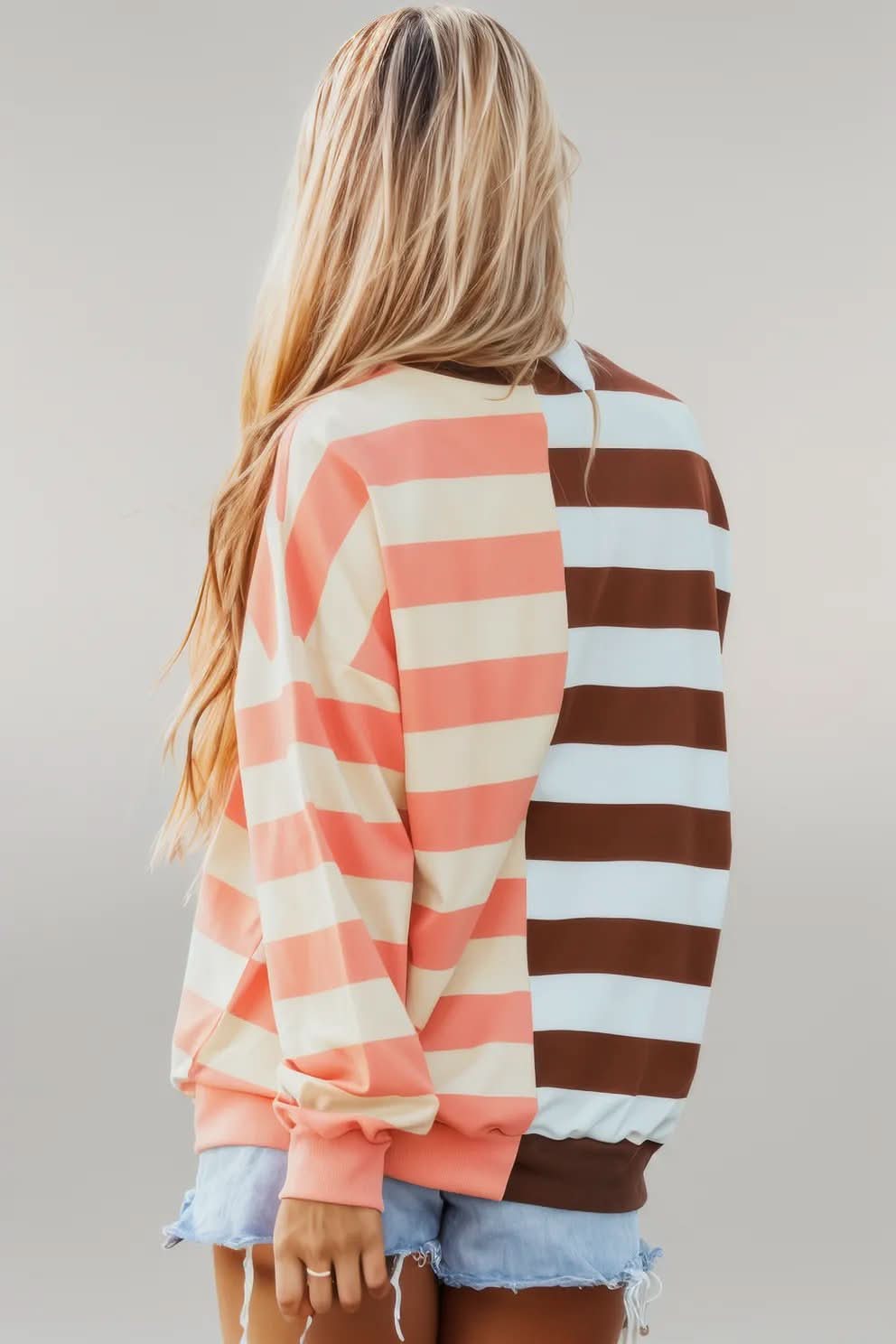 Brown Stripe Color Block Drop Shoulder Pullover Sweatshirt Brown Stripe 95%Cotton+5%Elastane