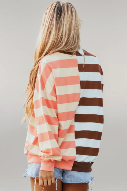Brown Stripe Color Block Drop Shoulder Pullover Sweatshirt Brown Stripe 95%Cotton+5%Elastane