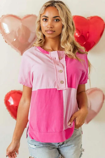 Pink Two Tone Half Buttons Collared T Shirt