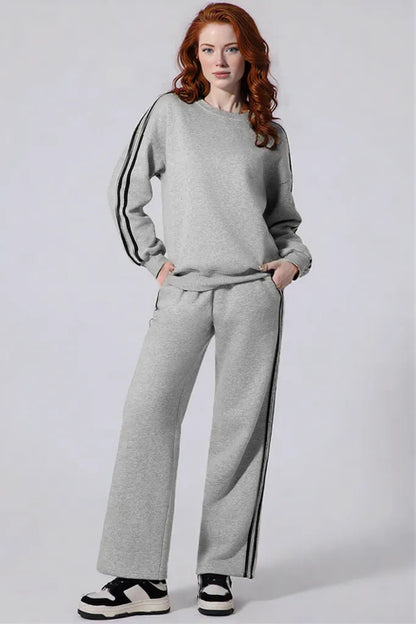 Side Striped Round Neck Top and Pants Active Set