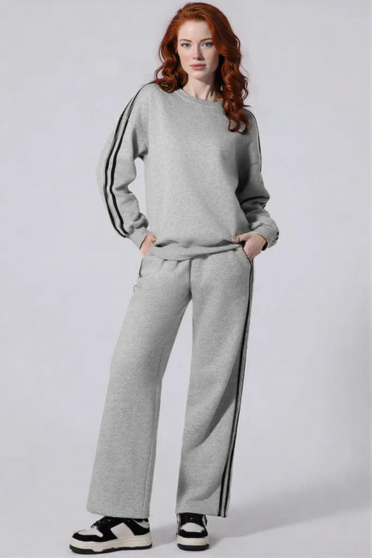 Side Striped Round Neck Top and Pants Active Set