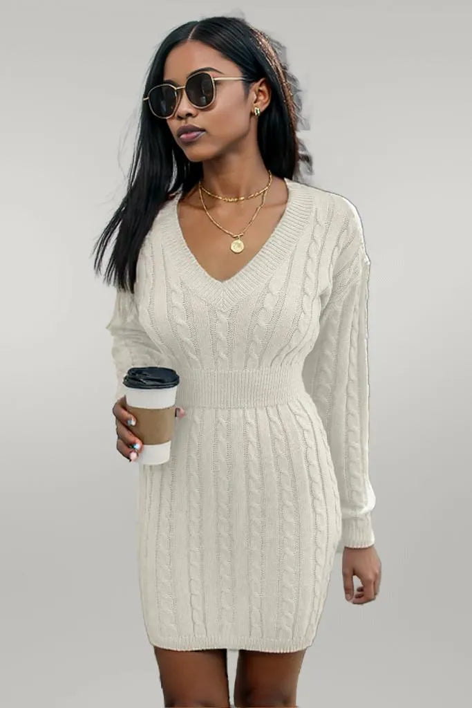Cable-Knit V-Neck Long Sleeve Mini Sweater Dress