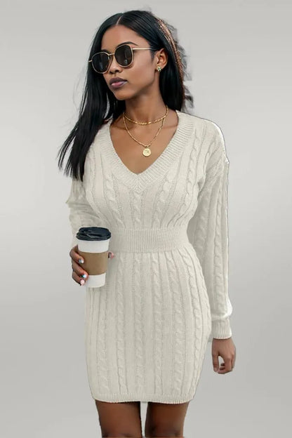 Cable-Knit V-Neck Long Sleeve Mini Sweater Dress