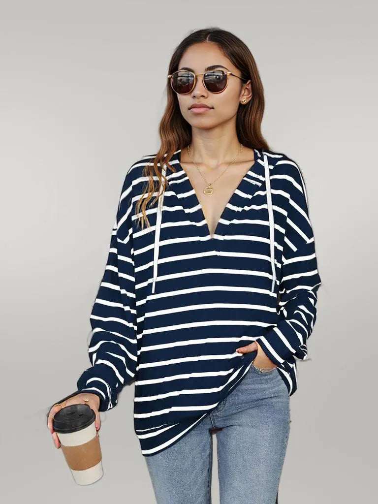 Drawstring Striped Long Sleeve Hoodie Dark Navy