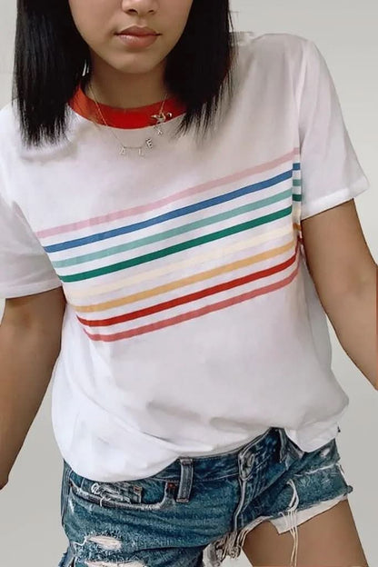 White Rainbow Stripe Print Contrast Crewneck T Shirt White 95%Cotton+5%Elastane