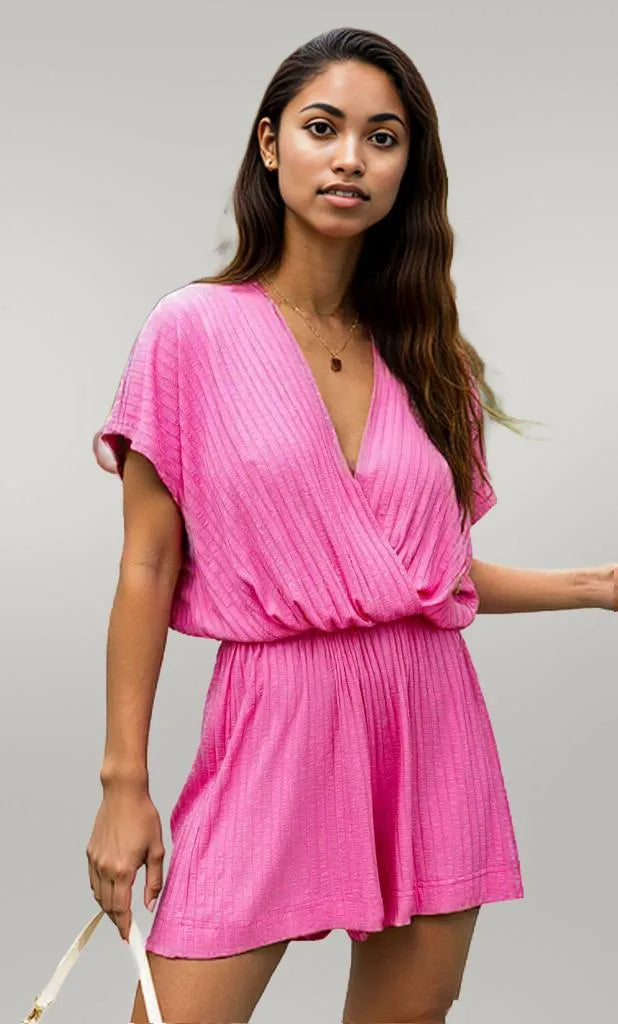 Surplice Short Sleeve Romper Rose Red
