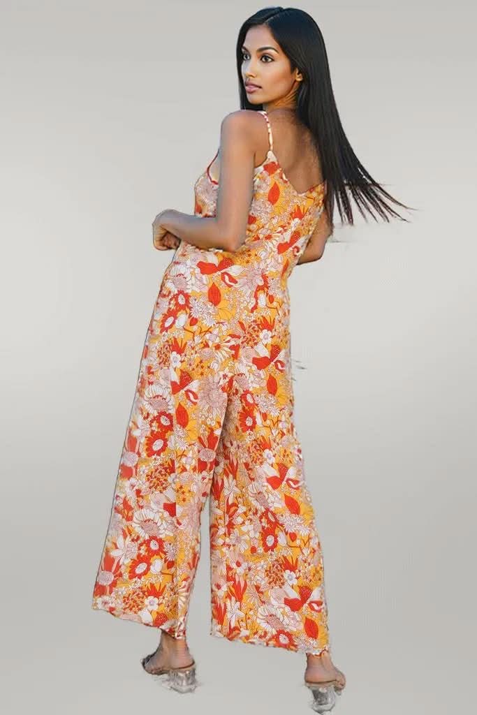 Orange Floral V Neck Wide Leg Sleeveless Jumpsuit Orange 100%Polyester
