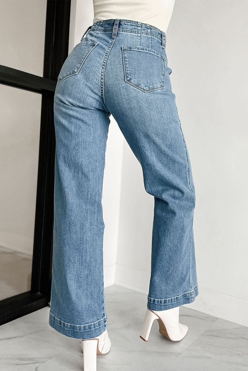 Dusk Blue Multi Buttons Medium Wash Straight Loose Leg Jeans Dusk Blue 75%Cotton+23%Polyester+2%Elastane