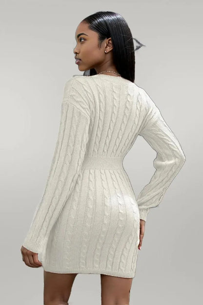 Cable-Knit V-Neck Long Sleeve Mini Sweater Dress