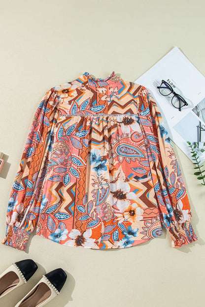 Orange Floral Print Shirred Cuff Buttoned Loose Shirt Orange 81%Viscose+19%Polyamide