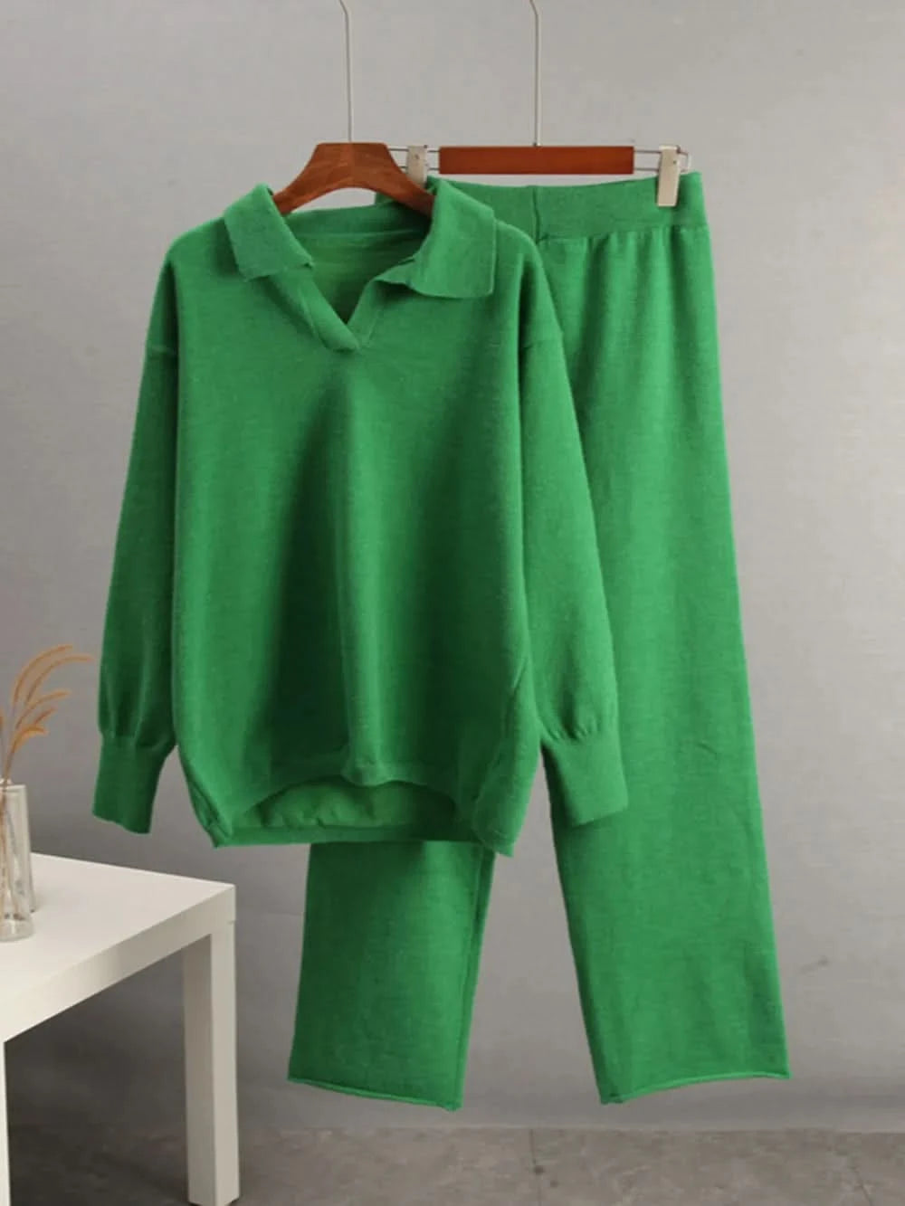 Johnny Collar Long Sleeve Top and Pants Sweater Set Dark Green One Size