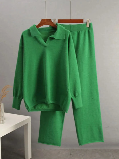 Johnny Collar Long Sleeve Top and Pants Sweater Set Dark Green One Size