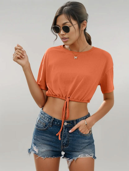 Ivy Lane Drawstring Round Neck Short Sleeve T-Shirt