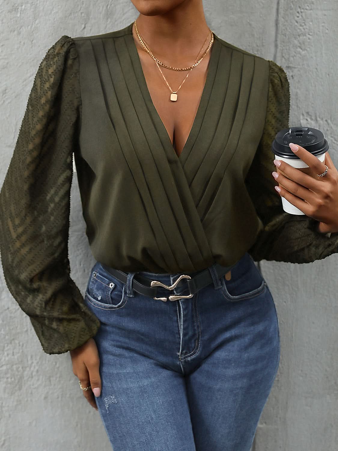 Perfee Ruched Surplice Long Sleeve Bodysuit Matcha Green