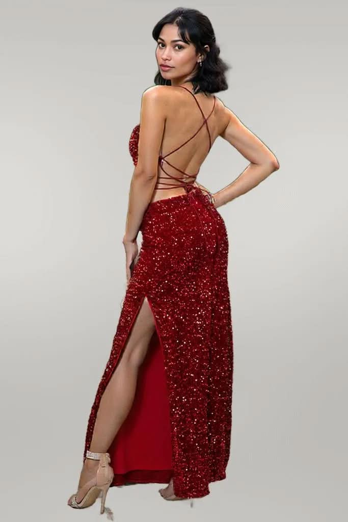 Sequin Backless Split Maxi Dress Wine
