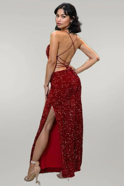 Sequin Backless Split Maxi Dress Wine