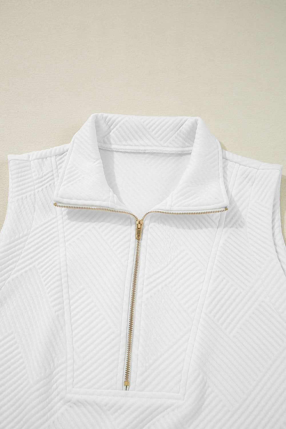 White Textured Half Zip Tank Top Drawstring Shorts Set White 97%Polyester+3%Elastane
