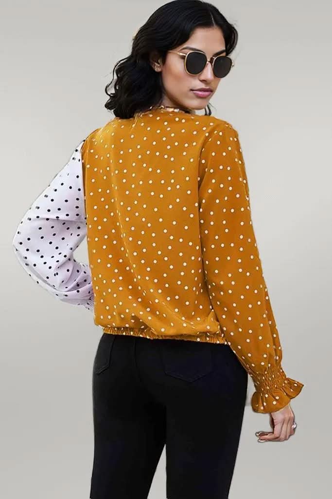 Ivy Lane Polka Dot Surplice Neck Lantern Sleeve Blouse