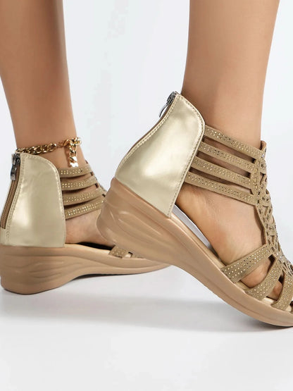Strappy Wedge Sandals with Rhinestone Details