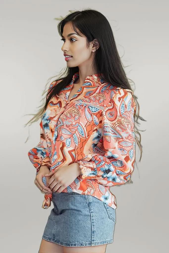 Orange Floral Print Shirred Cuff Buttoned Loose Shirt Orange 81%Viscose+19%Polyamide