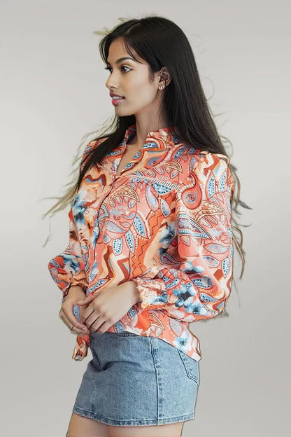 Orange Floral Print Shirred Cuff Buttoned Loose Shirt Orange 81%Viscose+19%Polyamide