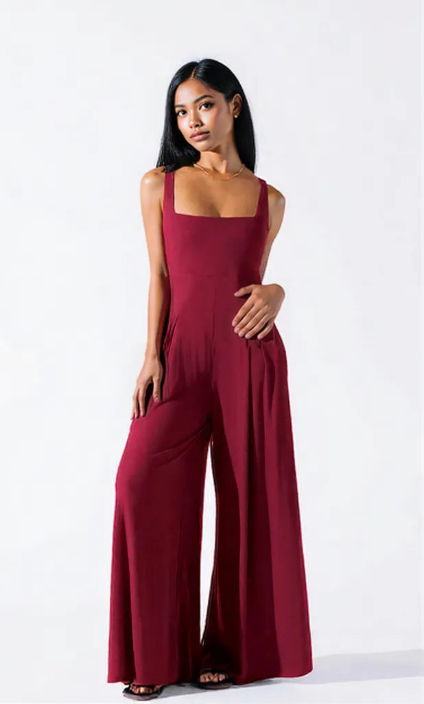 Square Neck Wide Strap Jumpsuit Burgundy