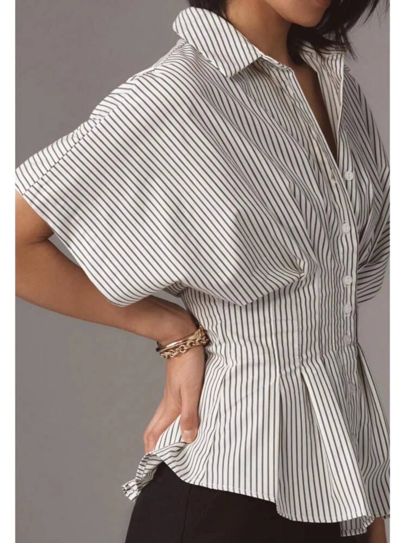 Striped Short Sleeve Button-Up Shirt Light Gray