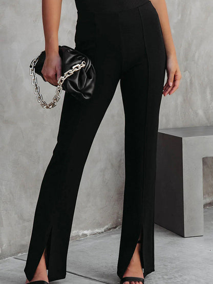 Front Slit Flare Leg Pants Black