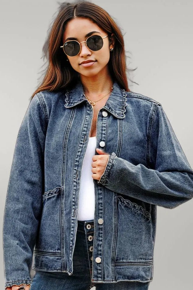 Sail Blue Scallop Trim Collar Patched Pocket Button Up Denim Jacket Sail Blue 75%Cotton+25%Polyester