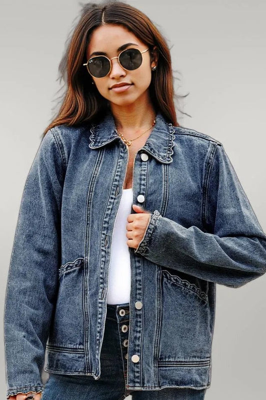 Sail Blue Scallop Trim Collar Patched Pocket Button Up Denim Jacket Sail Blue 75%Cotton+25%Polyester