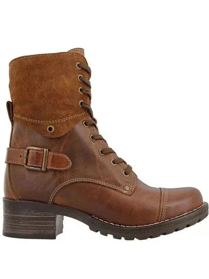 Lace-Up Block Heel Boots Brown