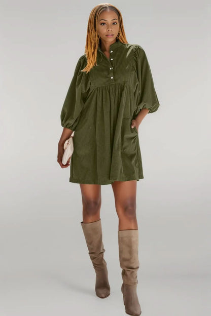 Vineyard Green Corduroy Snap Buttons Empire Waist Bracelet Sleeve Dress