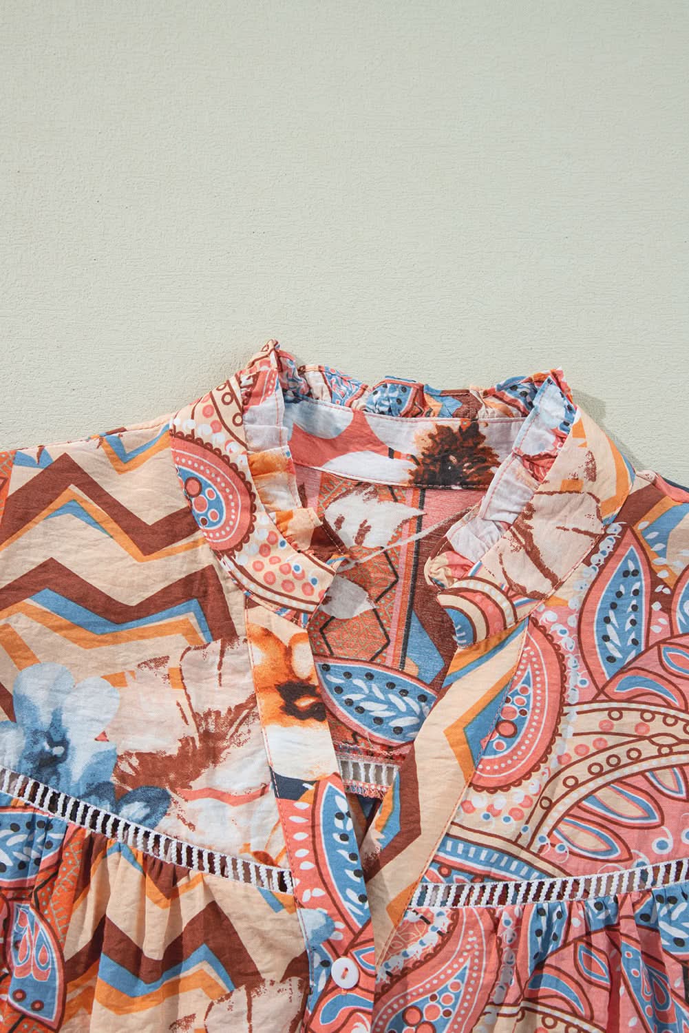 Orange Floral Print Shirred Cuff Buttoned Loose Shirt Orange 81%Viscose+19%Polyamide