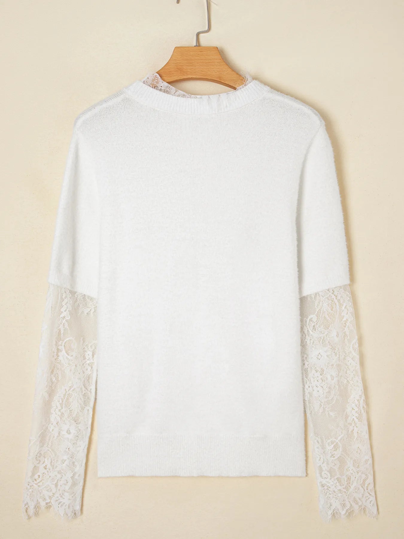Lace Sleeve Patchwork Faux Two-piece Fuzzy Sweater White