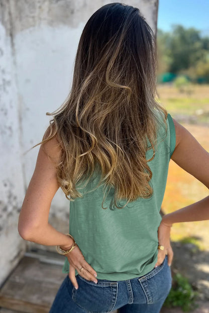 Tan Metallic Sheen Edge Scoop Neck Tank Top Mist Green 65%Polyester+35%Cotton