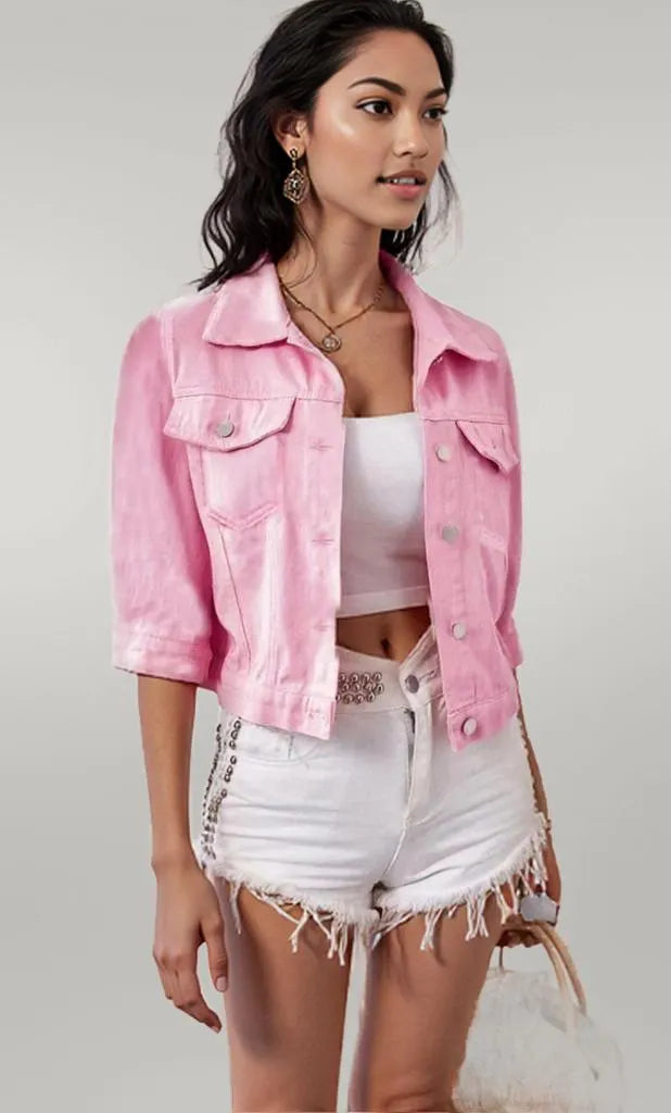 Full Size Cropped Denim Jacket Pink