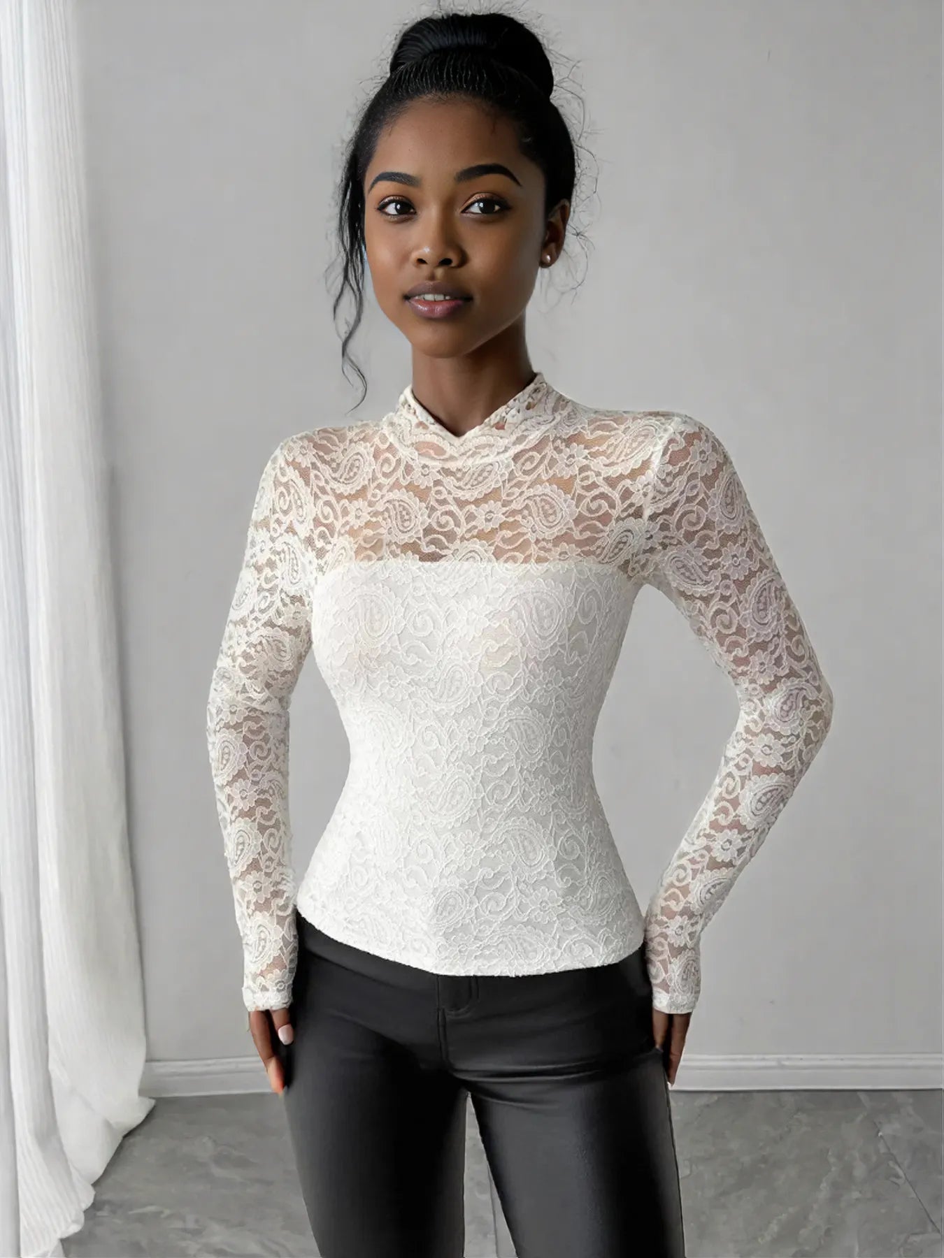Zip Back Long Sleeve Lace Top