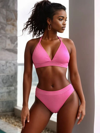 Tied Halter Neck Bikini Set Pink