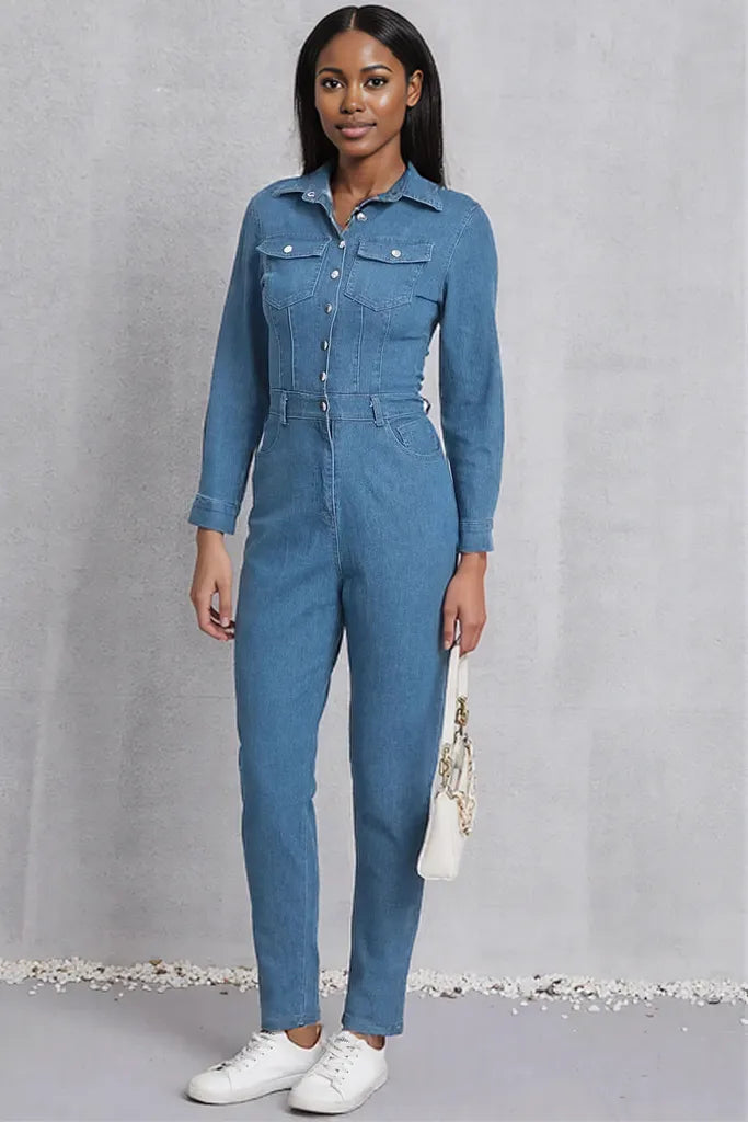 Snap Down Denim Jumpsuit with Pockets