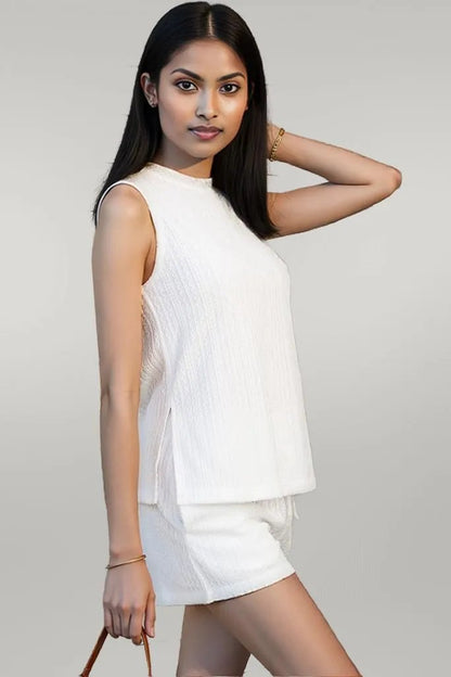 Beige Textured Knit Tank Top and Drawstring Shorts Set
