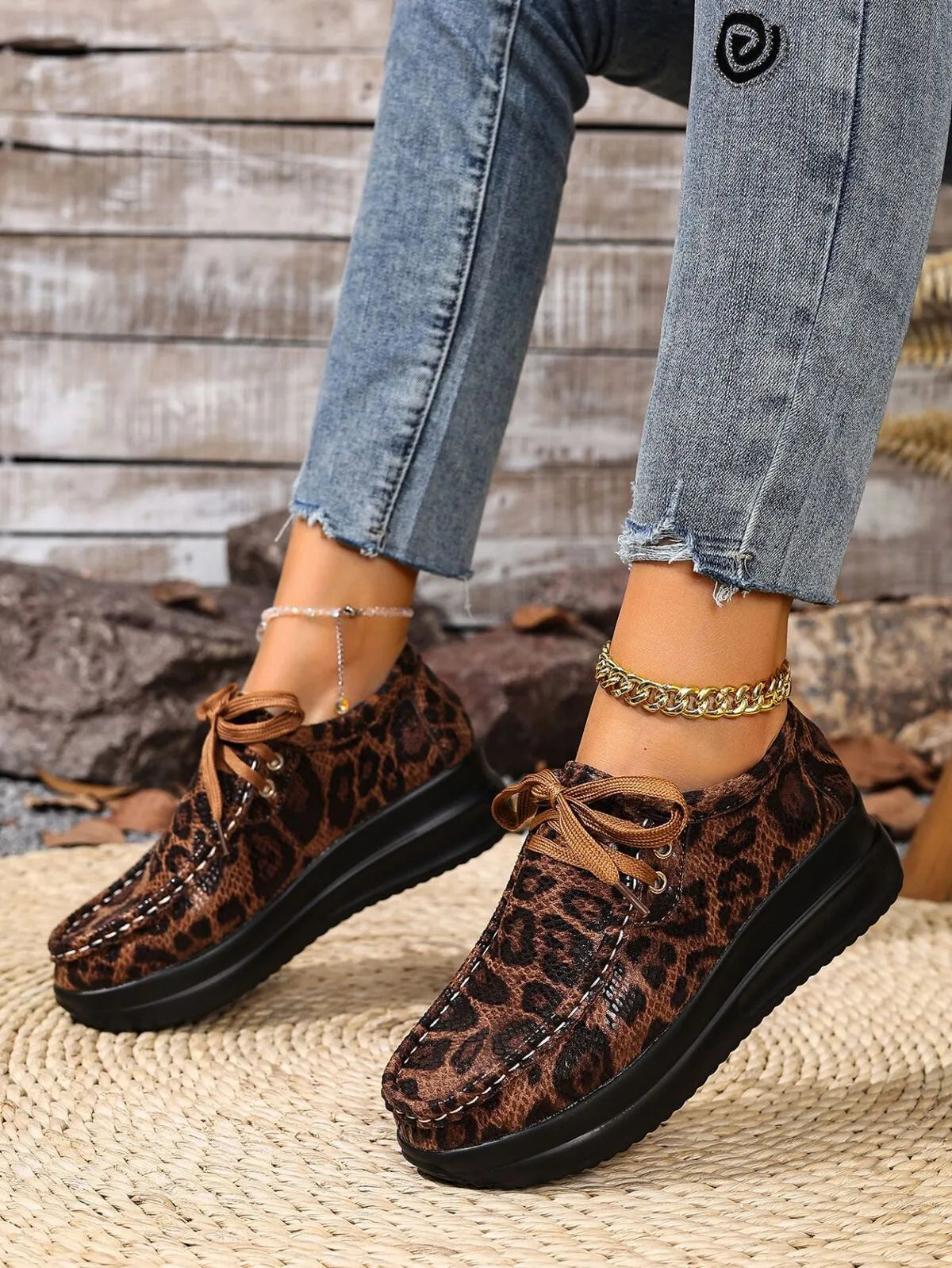 Leopard Round Toe Platform Loafers Brown Leopard Print